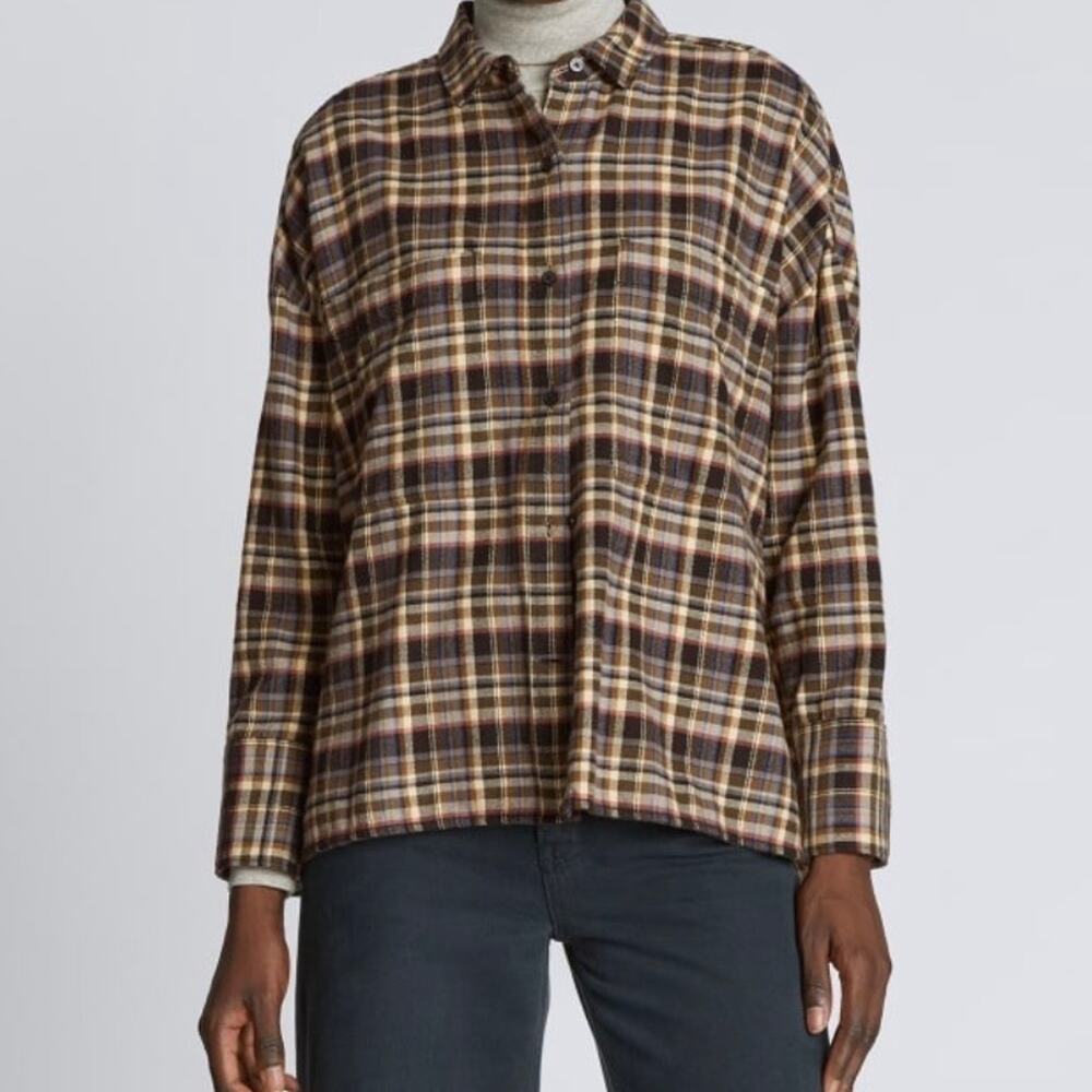 Everlane The Boxy Plaid Flannel Button Down Shirt Women’s Small Black Multi